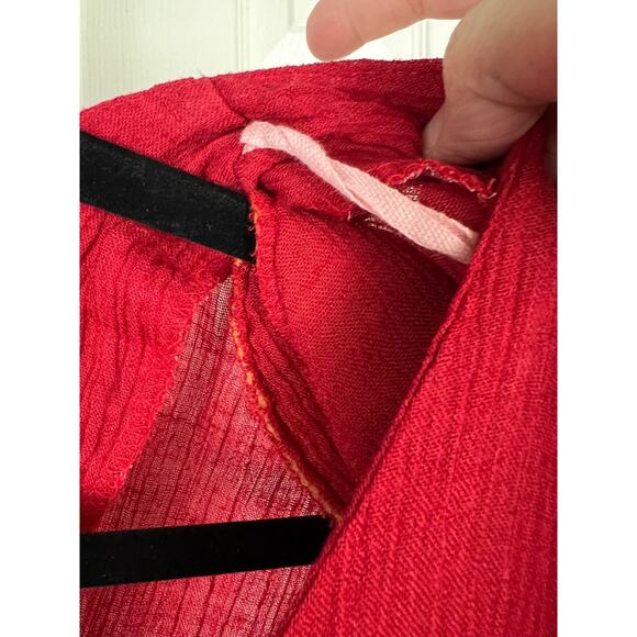 90s Red Rayon Crepe Flutter Sleeve Button Front Tie Corset Back Maxi Dress L/XL - Picture 4 of 8